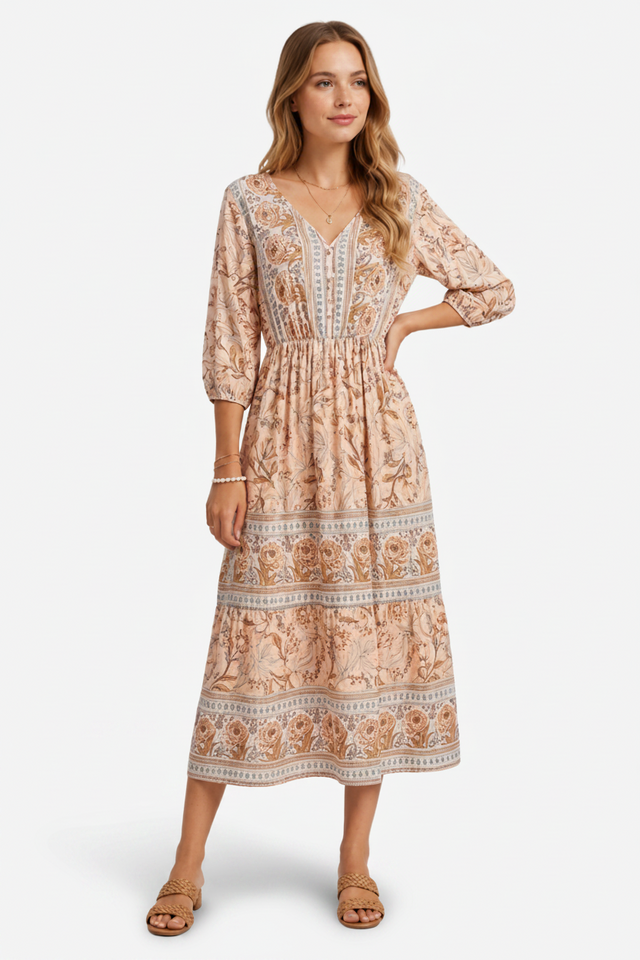 VALERIQUE | Robe Midi à Imprimé Floral pour Femme – Manches 3/4 et Col V