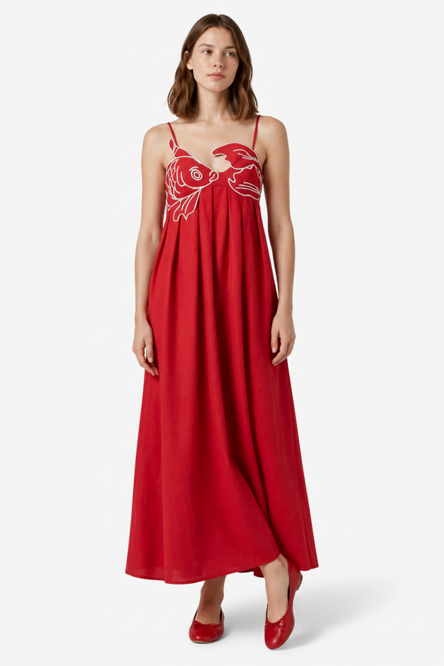 VALERIQUE | Femme Robe Maxi Décontractée en Mélange de Coton Rouge et Noir, Imprimé Poisson Blanc, Bretelles Ajustables