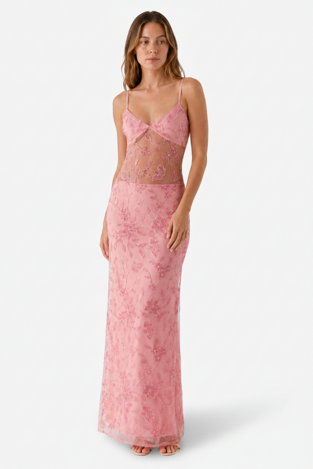 VALERIQUE | Robe Longue Brodée Transparente pour Femme – Bretelles Fines et Coupe Ajustée