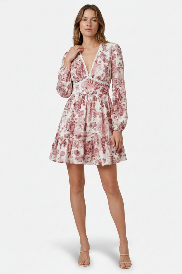 VALERIQUE | Femme Robe Florale Décontractée en Mélange de Coton Rose et Bleu, Manches Longues, Col en V Profond