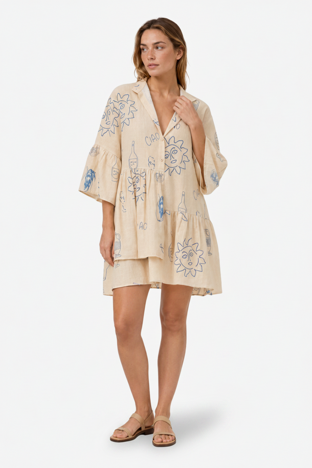VALERIQUE | Femme Robe Décontractée A-Line en Mélange de Coton Beige, Imprimé, Manches Larges à Volants