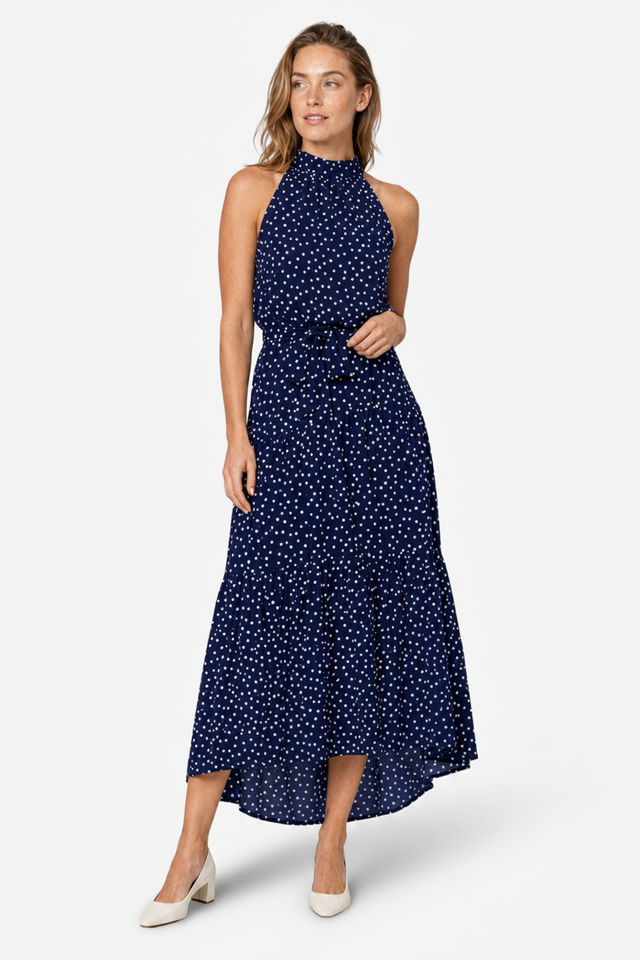 VALERIQUE | Robe Longue à Pois en Coton Léger pour Femme – Col Halter et Taille Nouée
