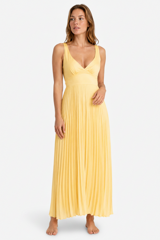 VALERIQUE | Robe Maxi Plissée Jaune pour Femme – Col V et Sans Manches