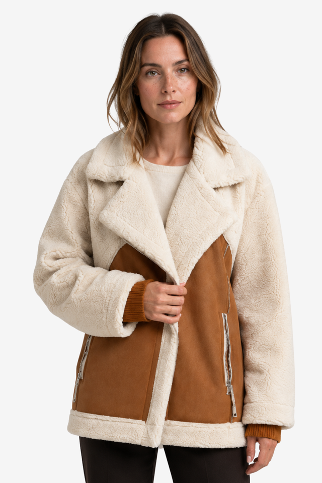 VALERIQUE | Veste Effet Peau Lainée pour Femme – Revers Oversize Panneaux Contrastants Fermeture Zippée