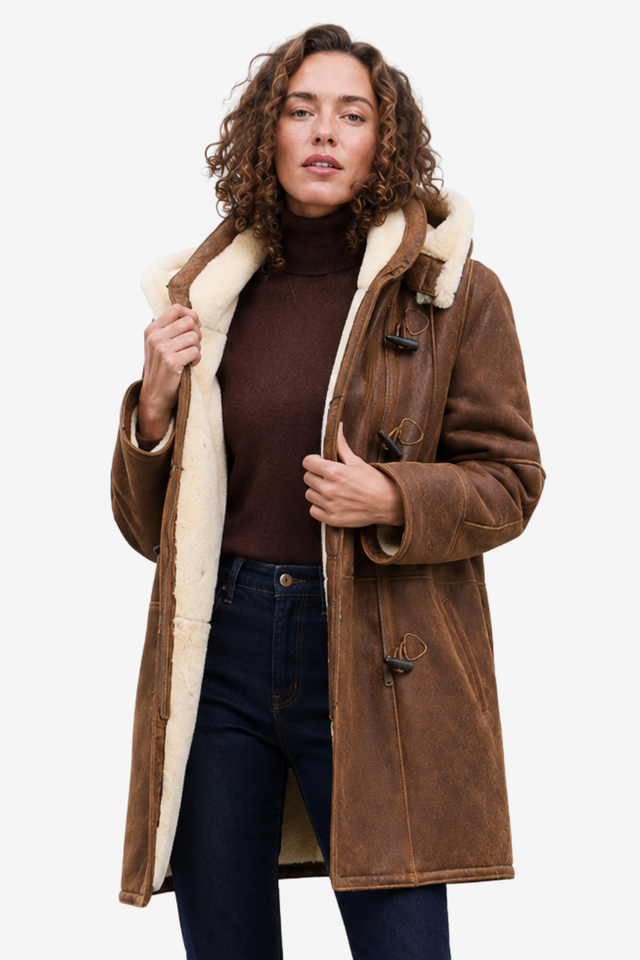 VALERIQUE | Manteau Effet Peau Lainée pour Femme – Capuche Fermetures à Brandebourgs Coupe Longue