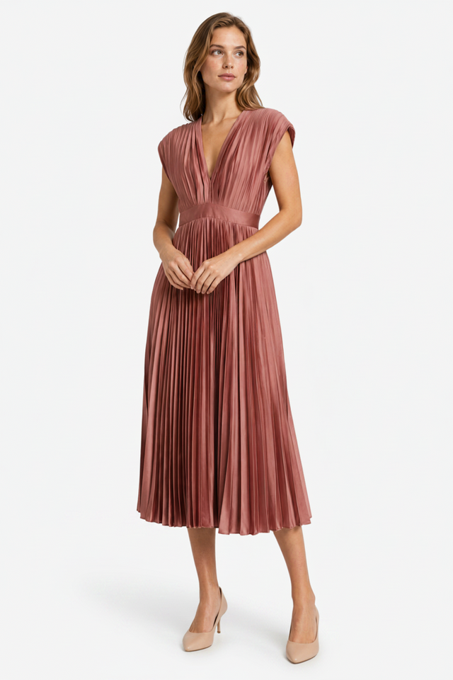 VALERIQUE | Femme Robe midi plissée coupe évasée col V style fluide
