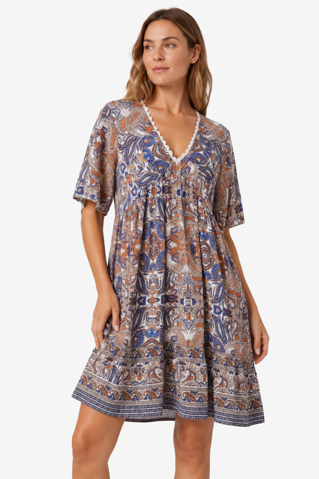 VALERIQUE | Femme Robe Boho Décontractée en Mélange de Coton Bleu et Jaune, Manches Courtes, Col en V Profond