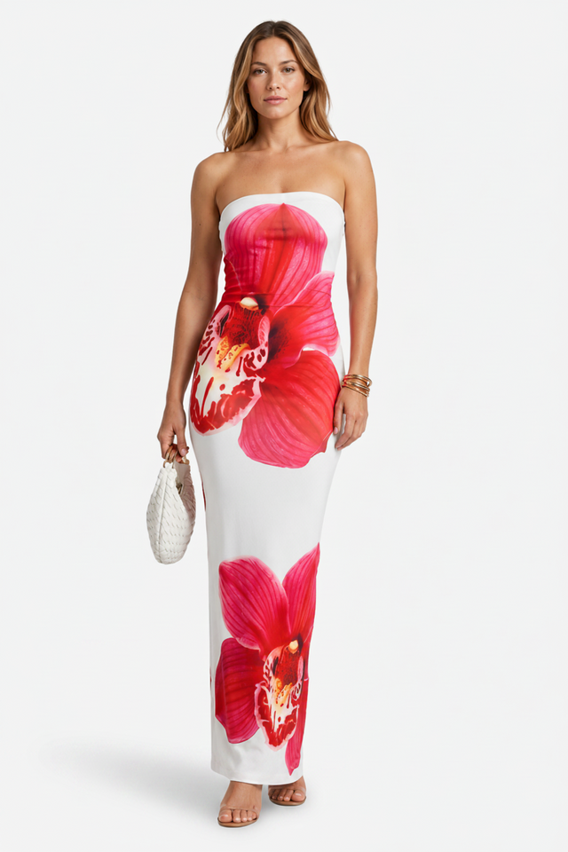 VALERIQUE | Robe Maxi Sans Bretelles Fleurie pour Femme – Coupe Ajustée