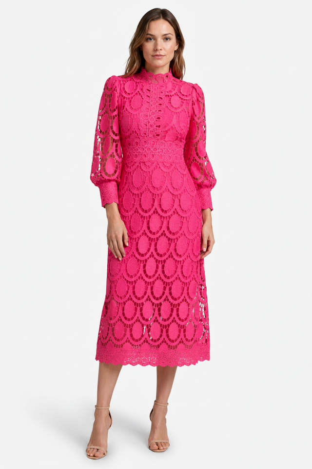 VALERIQUE | Robe Midi en Dentelle pour Femme – Col Haut et Manches Longues