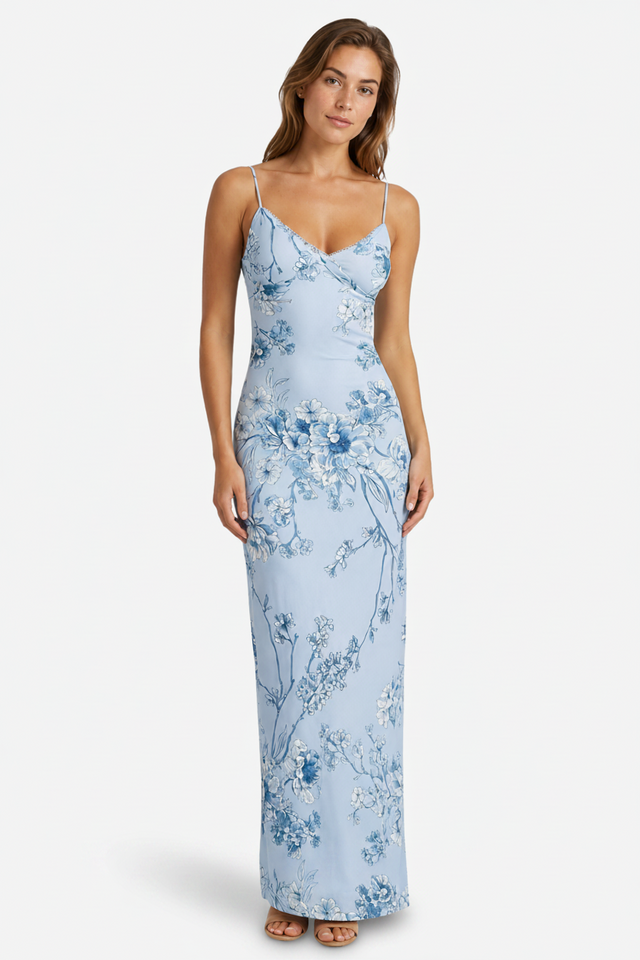 VALERIQUE | Femme Robe longue à fines bretelles coupe ajustée imprimé floral style fluide