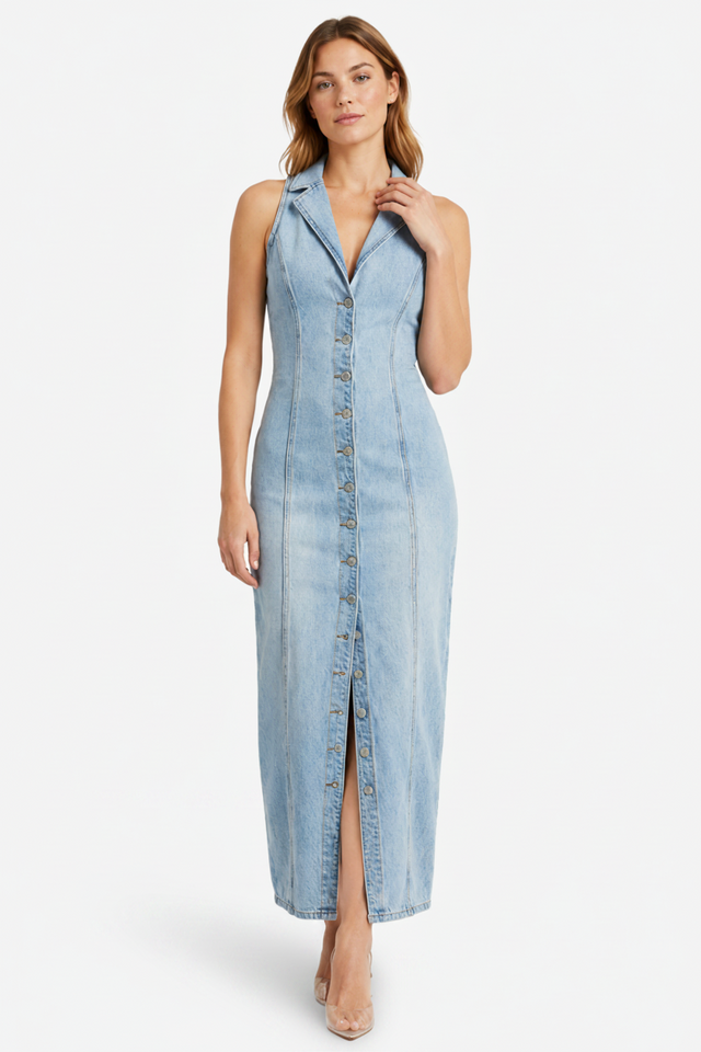 VALERIQUE | Robe Maxi Denim pour Femme – Sans Manches et Boutonnée