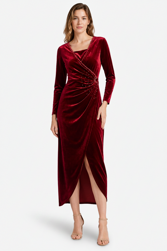 VALERIQUE | Robe Portefeuille Drapée en Velours pour Femme – Élégance Lumineuse