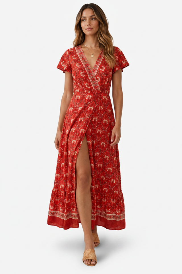 VALERIQUE | Robe Bohème Col V pour Femme – Manches Courtes et Fente
