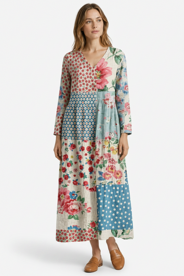 VALERIQUE | Femme Robe A-Line Patchwork Fleurie pour- Bleu Clair