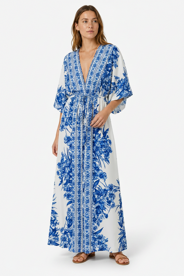 VALERIQUE | Robe Maxi Fleurie Bleue pour Femme – Manches Kimono