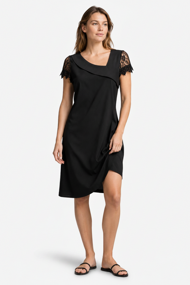 VALERIQUE | Robe à Manches en Dentelle pour Femme – Encolure Asymétrique Design Drapé
