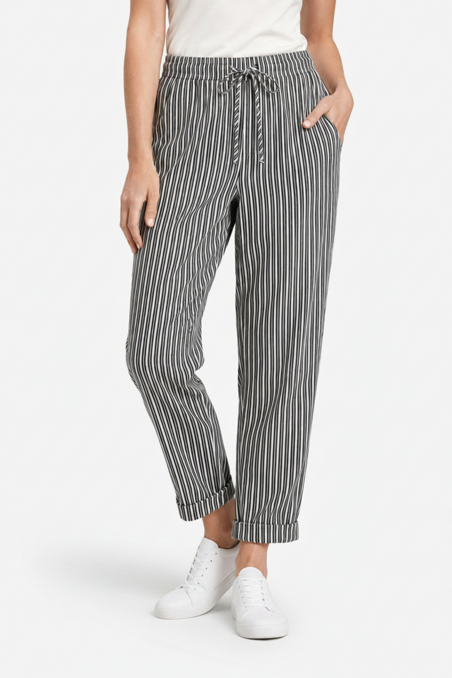 VALERIQUE | Femme pantalon à rayures droit en coton à taille élastiquée avec cordon longueur cheville taille mi-haute