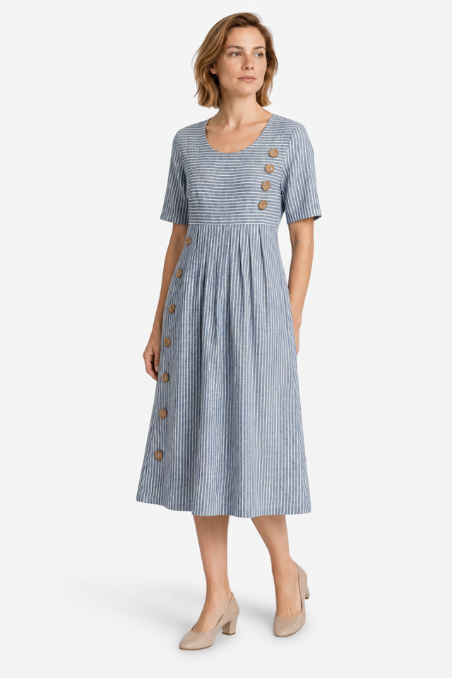 VALERIQUE | Femme Robe en lin coupe évasée manches courtes style décontracté