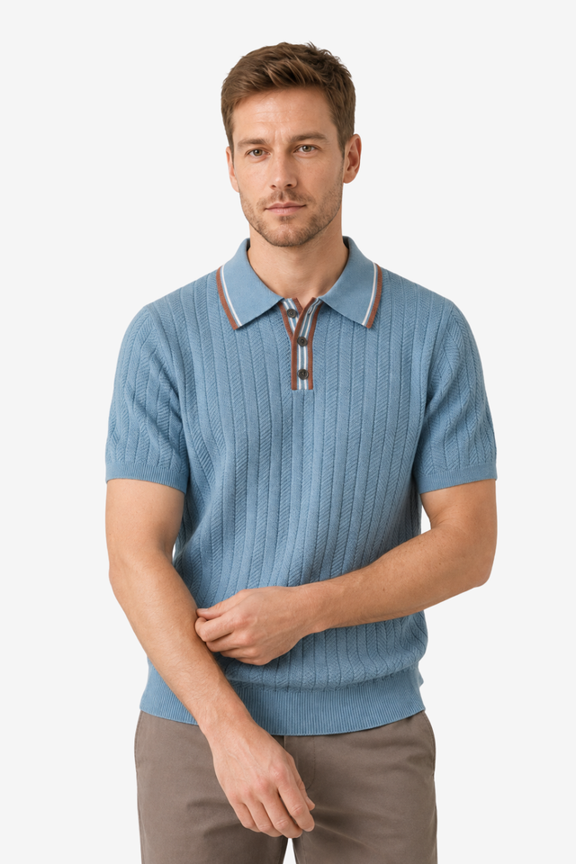 VALERIQUE | Polo Texturé en Maille Légère en Coton pour Homme – Col Contrasté Décontracté