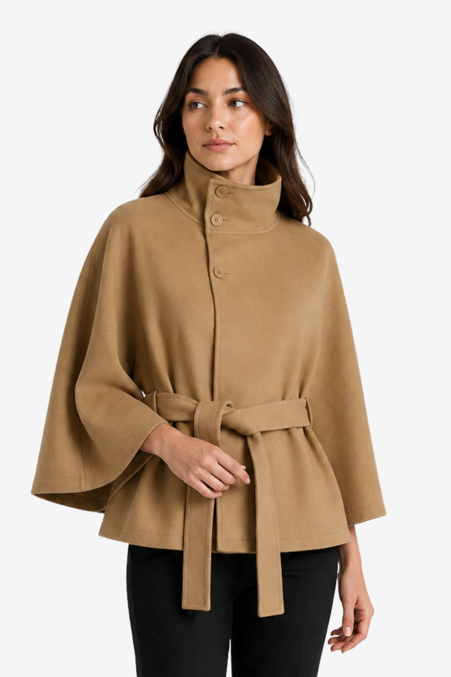 VALERIQUE | Manteau Cape Ceinturé pour Femme – Col Haut Manches Larges Design Structuré