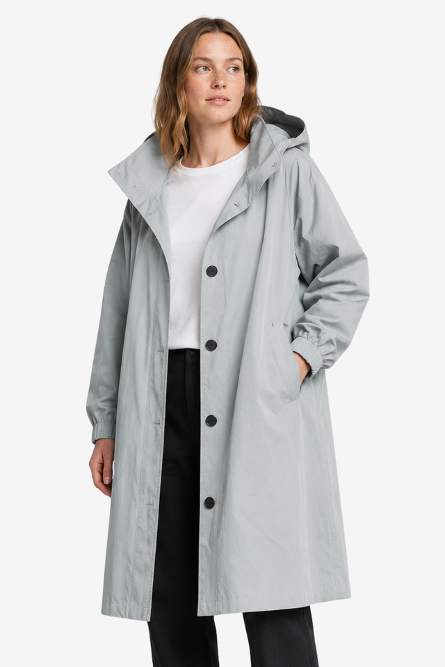VALERIQUE | Imperméable à capuche pour femme – Coupe longue, boutonnage sur le devant et design décontracté