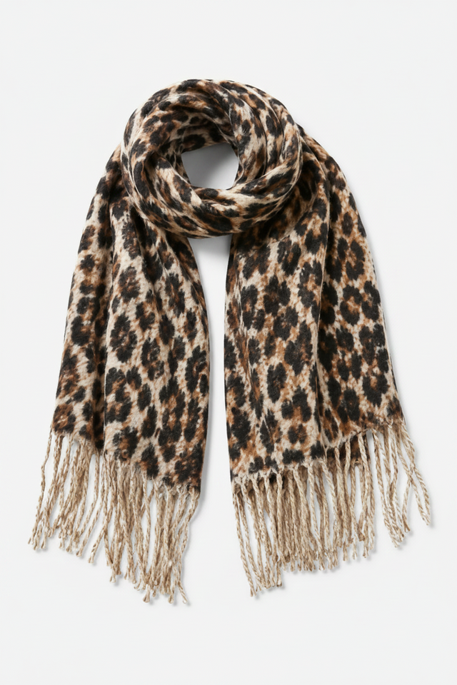 VALERIQUE | Écharpe en Maille pour Femme – Motif Léopard et Finitions à Franges