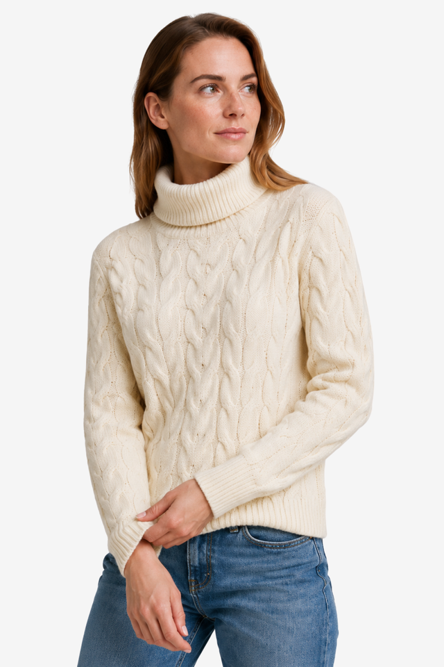 NOMU | Pull col roulé pour femme – Maille torsadée et finitions côtelées
