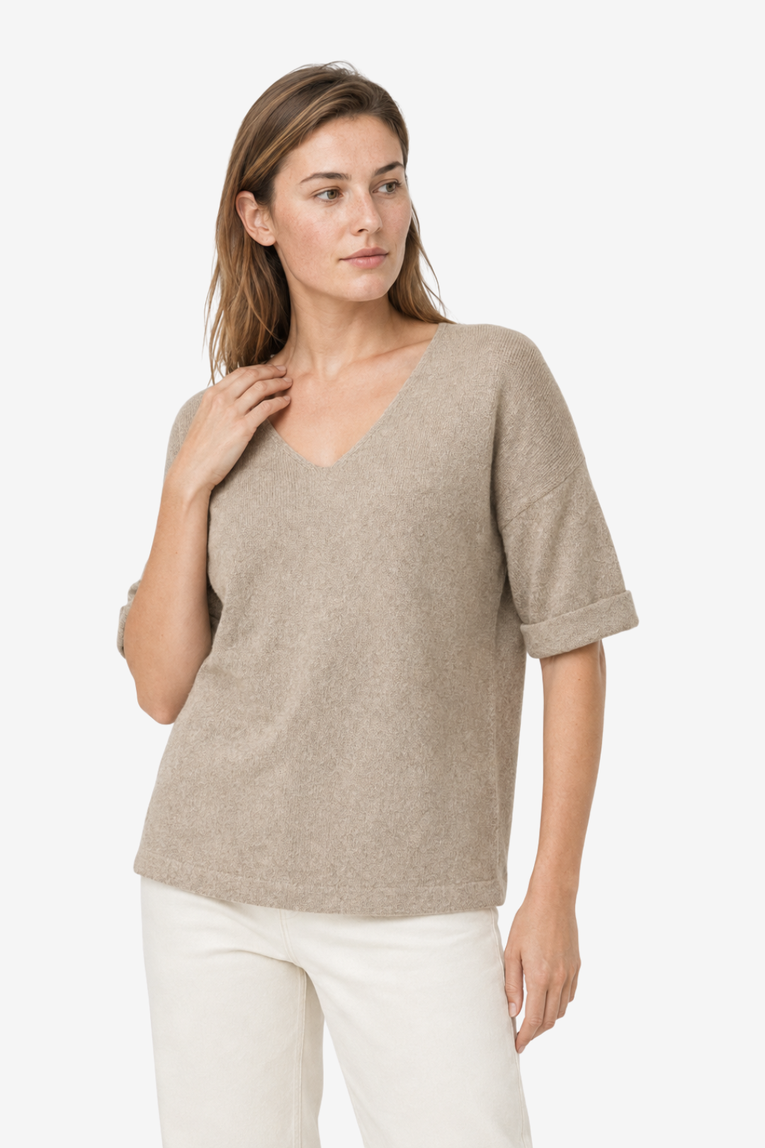 VALERIQUE | Femme pull à col V manches courtes coupe décontractée style minimaliste pour usage quotidien
