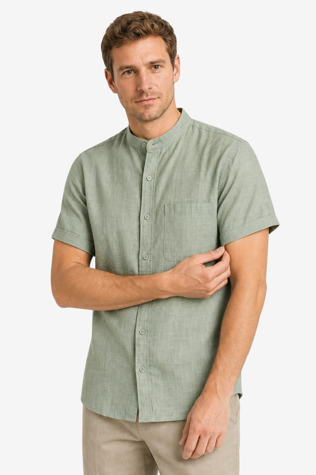 VALERIQUE | Homme chemise sauge en lin à manches courtes avec col officier et fermeture boutonnée pour usage quotidien