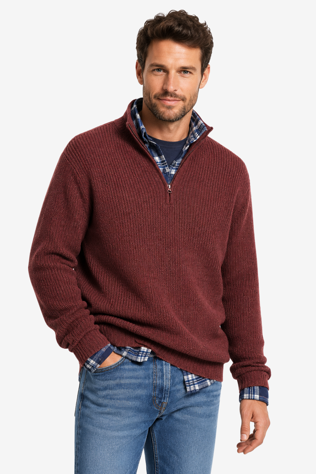 VALERIQUE | Pull Col Zippé pour Homme – Maille Côtelée Col Montant Manches Longues