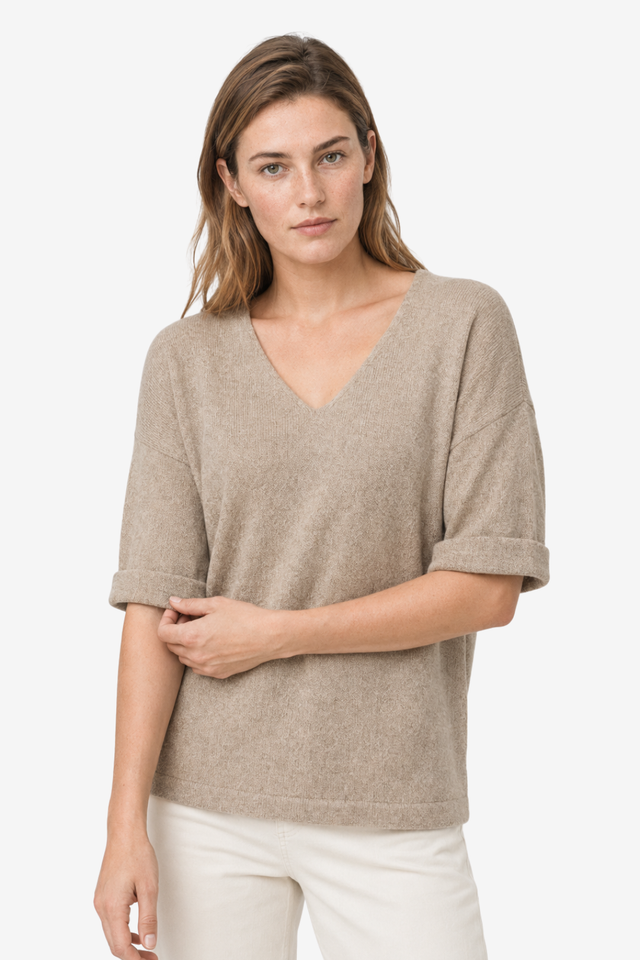 VALERIQUE | Femme pull à col V manches courtes coupe décontractée style minimaliste pour usage quotidien