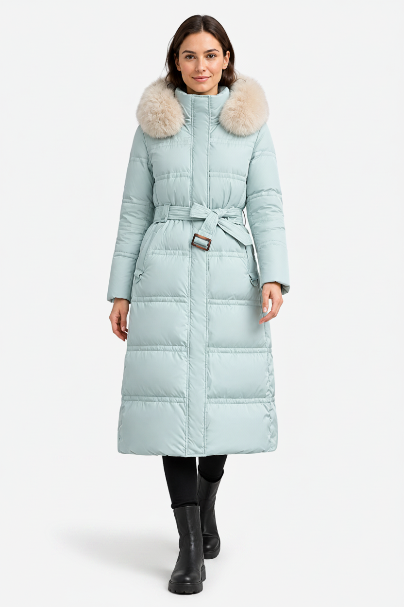 VALERIQUE | Manteau d'hiver long matelassé pour femmes – Taille cintrée et capuche bordée