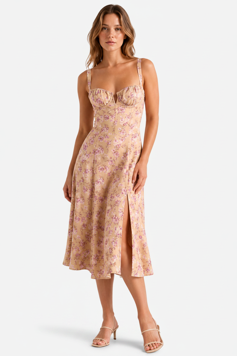 VALERIQUE | Robe midi beige à imprimé floral avec bretelles fines et fente latérale pour usage estival