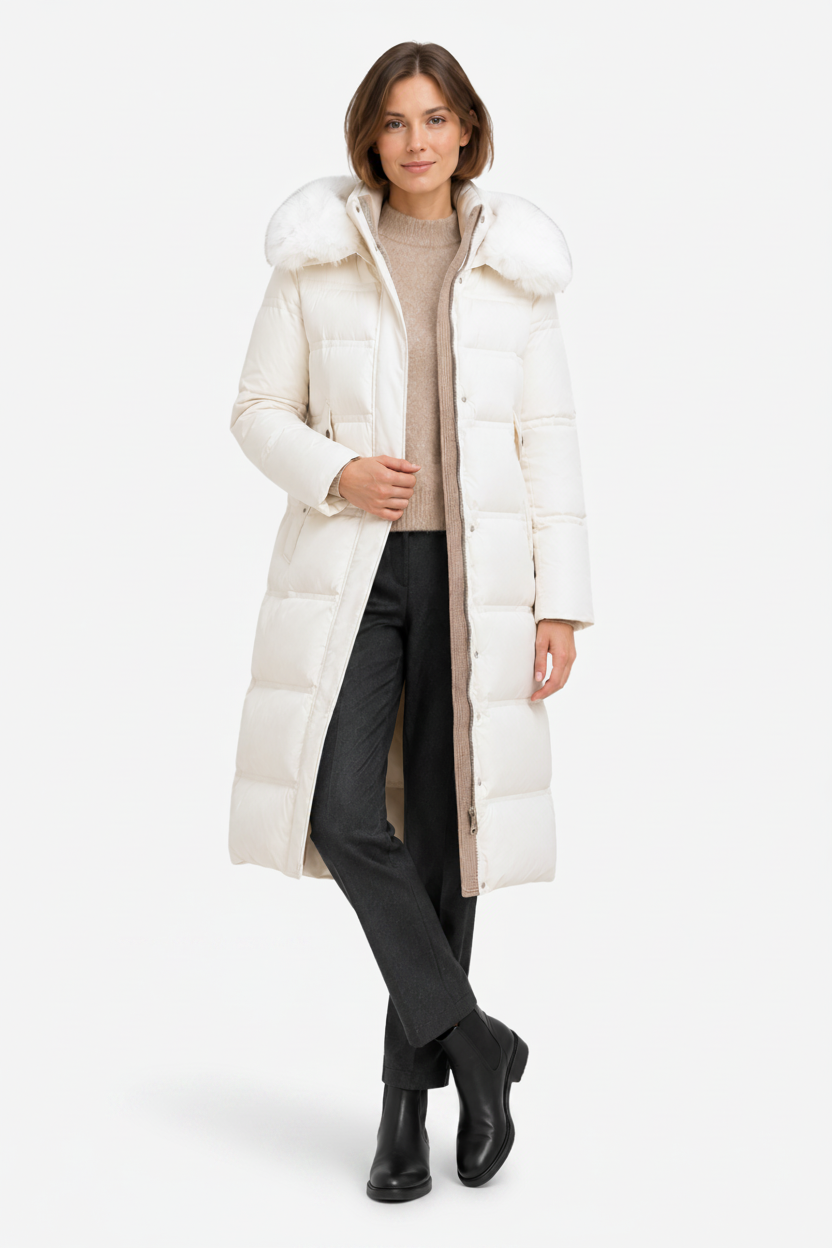 VALERIQUE | Manteau d'hiver long matelassé pour femmes – Taille cintrée et capuche bordée