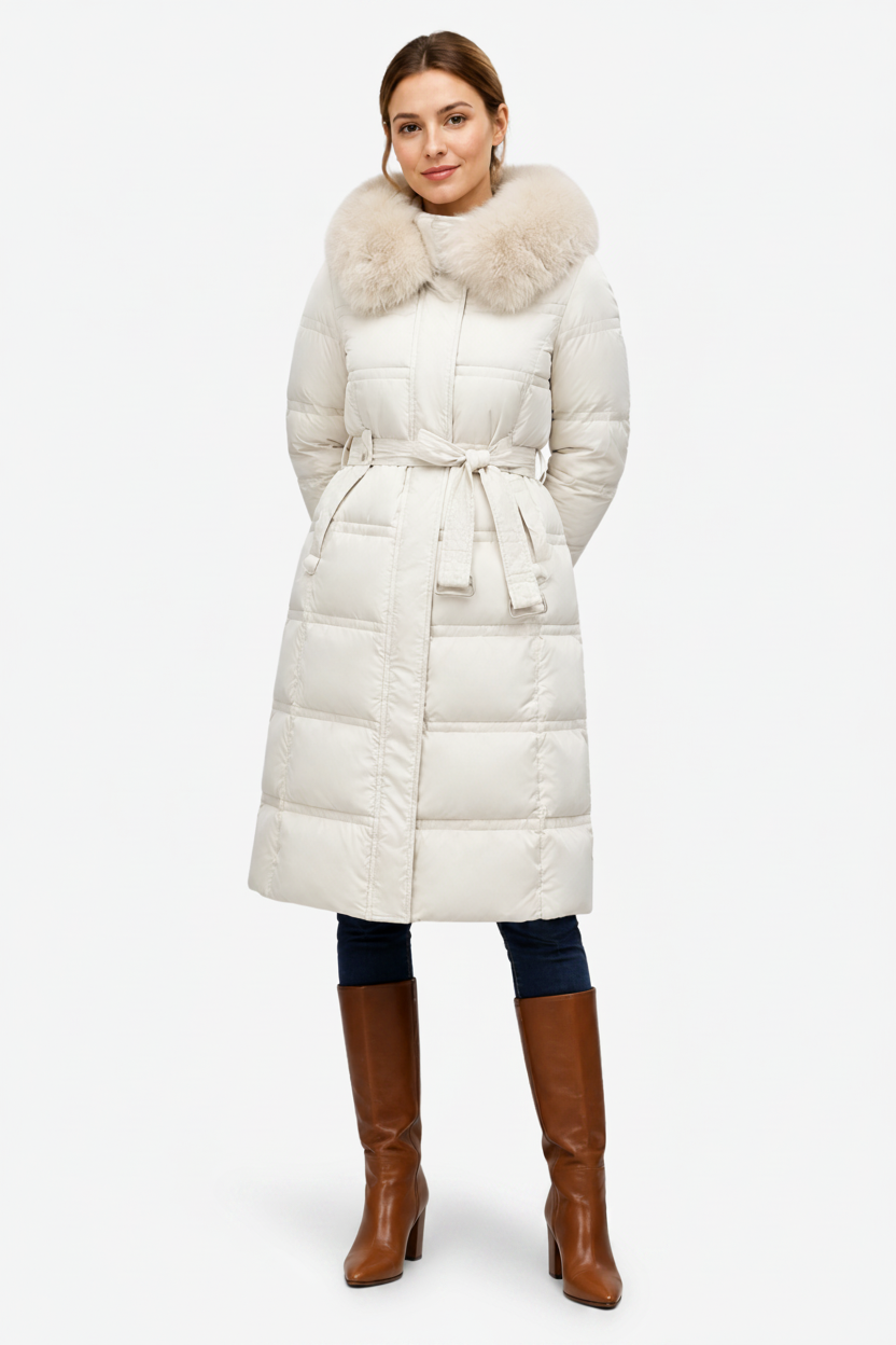 VALERIQUE | Manteau d'hiver long matelassé pour femmes – Taille cintrée et capuche bordée