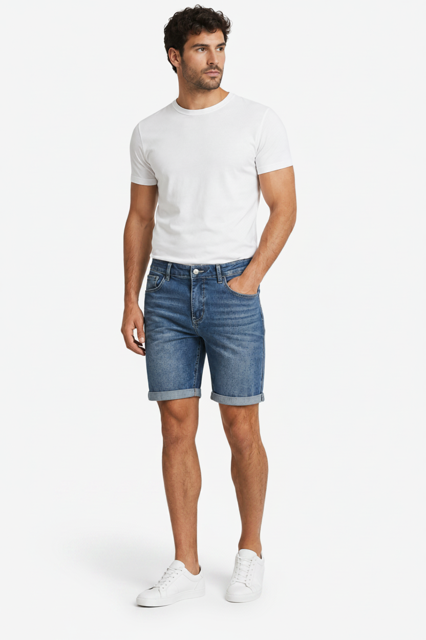 VALERIQUE | Homme short en jean bleu avec ourlets retroussés coupe ajustée pour usage quotidien