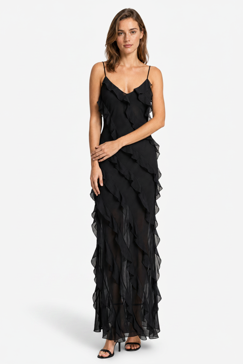 VALERIQUE | Robe Longue à Volants en Coton Léger pour Femme – Bretelles Fines
