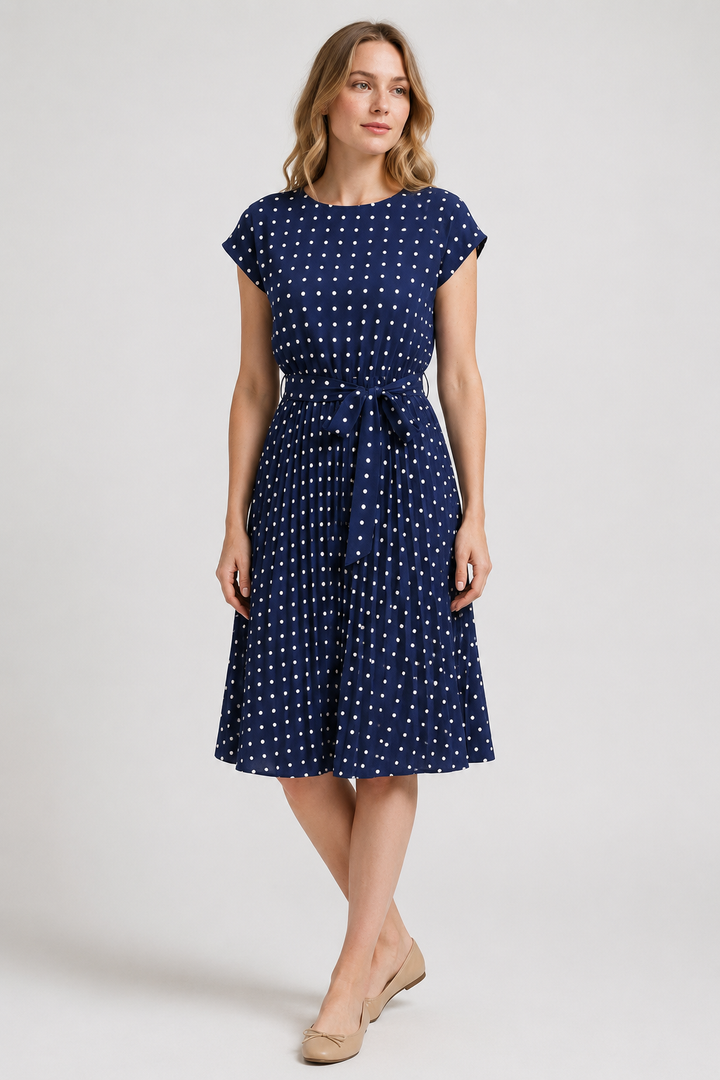 VALERIQUE | Femme Robe Décontractée A-Line en Mélange de Coton Bleu et Vert, Manches Courtes, Ceinture à Nouer