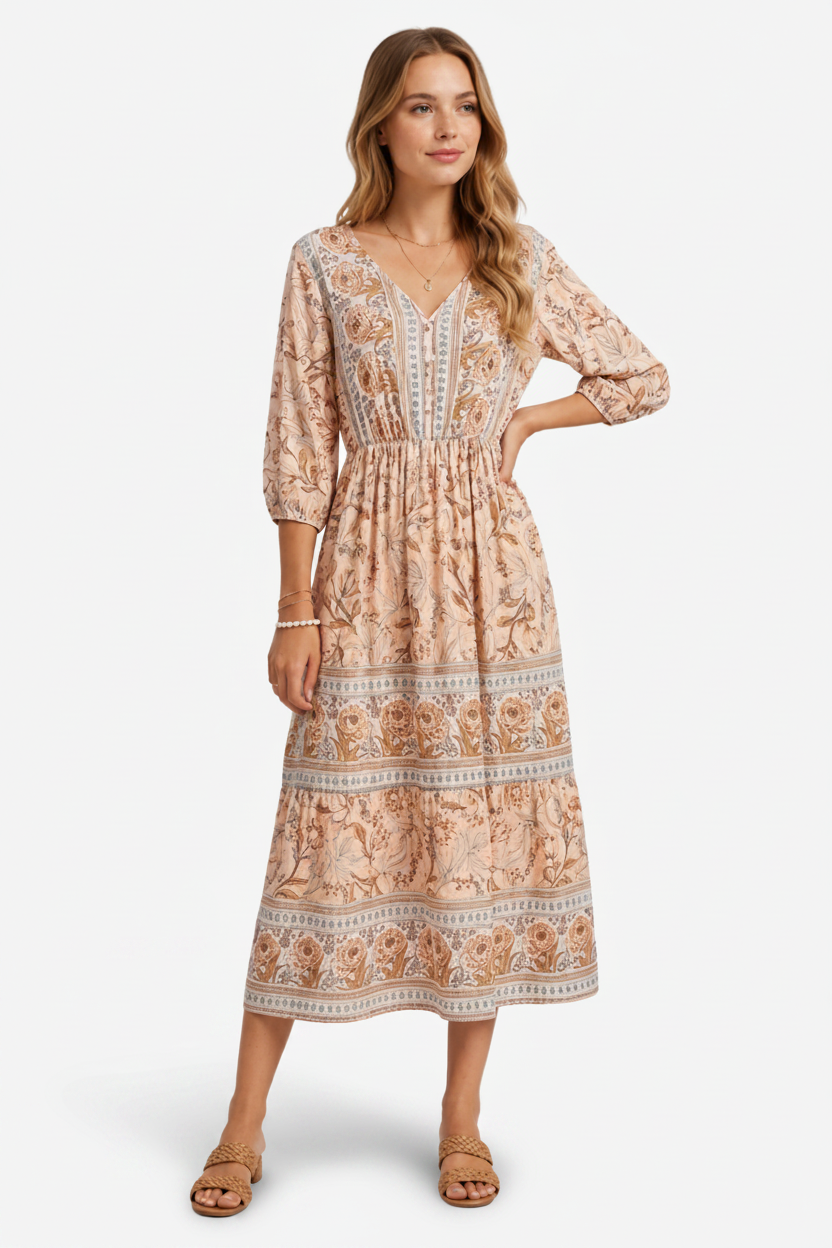 VALERIQUE | Robe Midi à Imprimé Floral pour Femme – Manches 3/4 et Col V