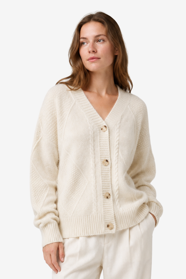 VALERIQUE | Cardigan en Maille Torsadée pour Femme – Col en V Fermeture Boutonnée Design Confortable