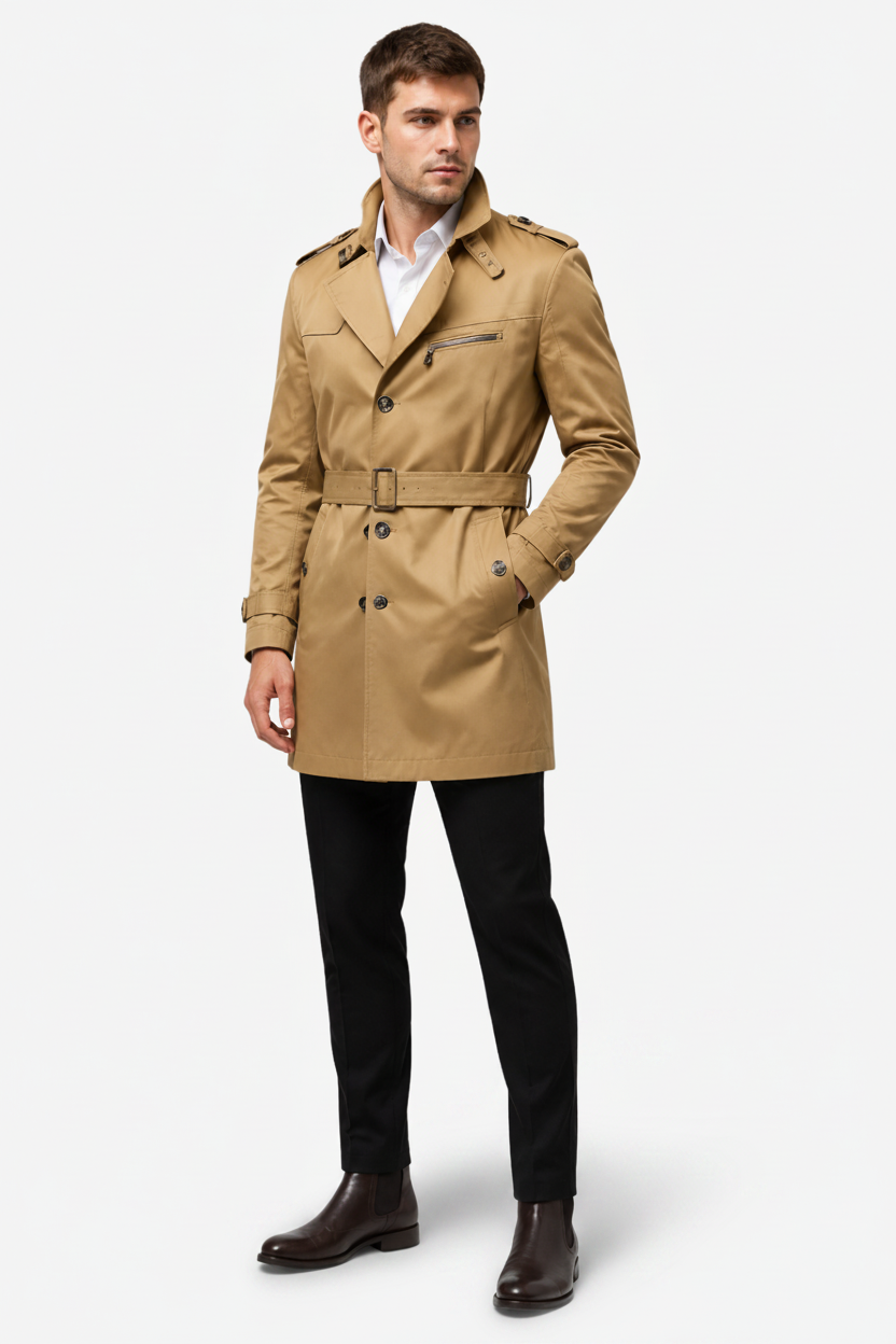 VALERIQUE | Trench-coat pour homme à ceinture – Col à revers et fermeture boutonnée