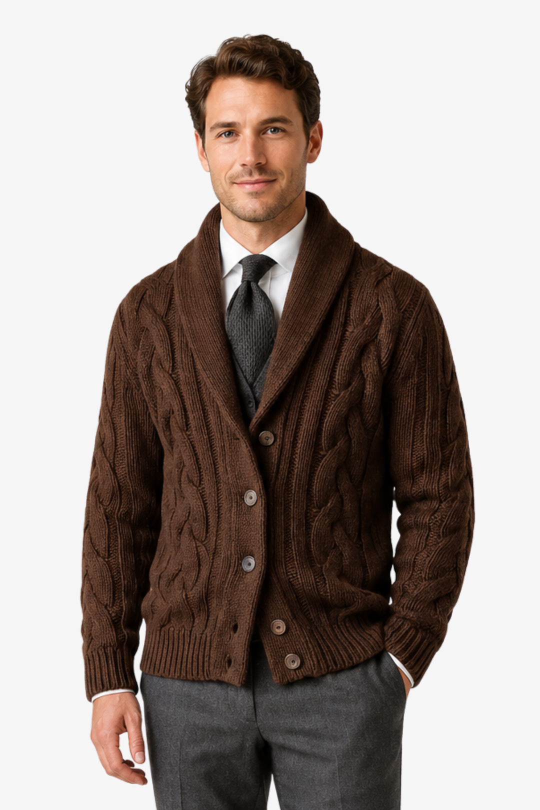 VALERIQUE | Cardigan en Maille Torsadée pour Homme – Col Châle Fermeture Boutonnée