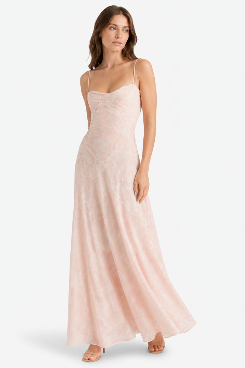 VALERIQUE | Femme Robe Longue Brodée Florale pour - Rose Poudré et Noir