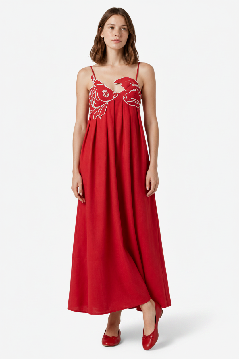 VALERIQUE | Femme Robe Maxi Décontractée en Mélange de Coton Rouge et Noir, Imprimé Poisson Blanc, Bretelles Ajustables
