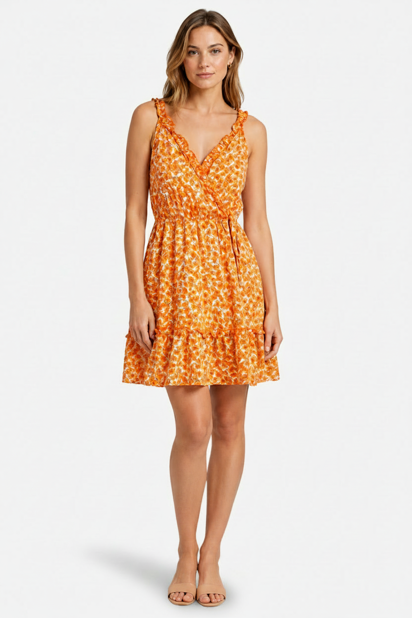 VALERIQUE | Femme Robe Enveloppante Décontractée en Mélange de Coton Orange et Jaune, Bretelles Ajustables, Taille Marquée