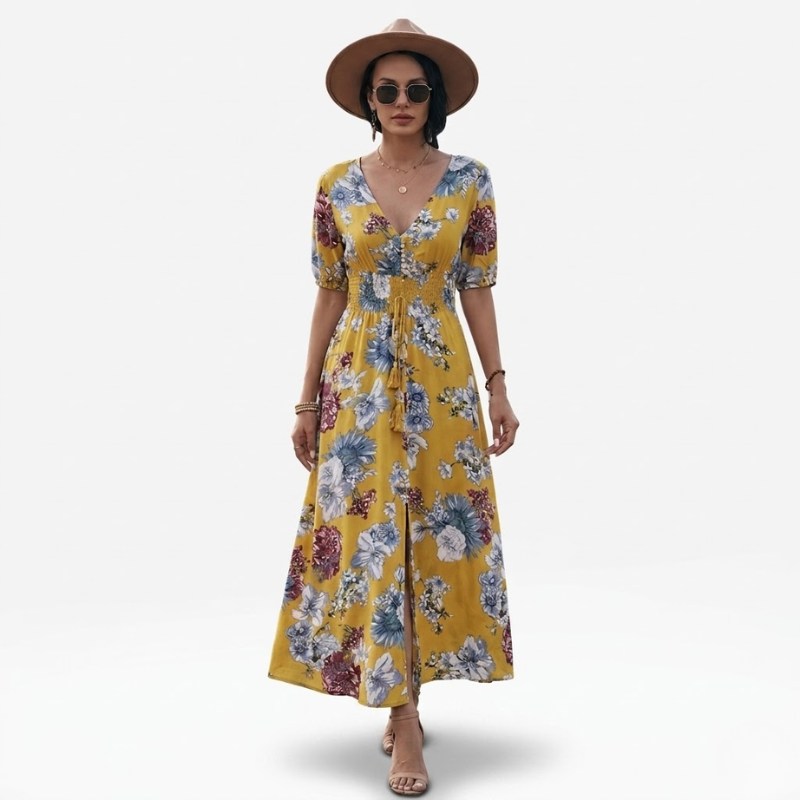 VALERIQUE | Robe Maxi Fleurie pour Femme – Col V