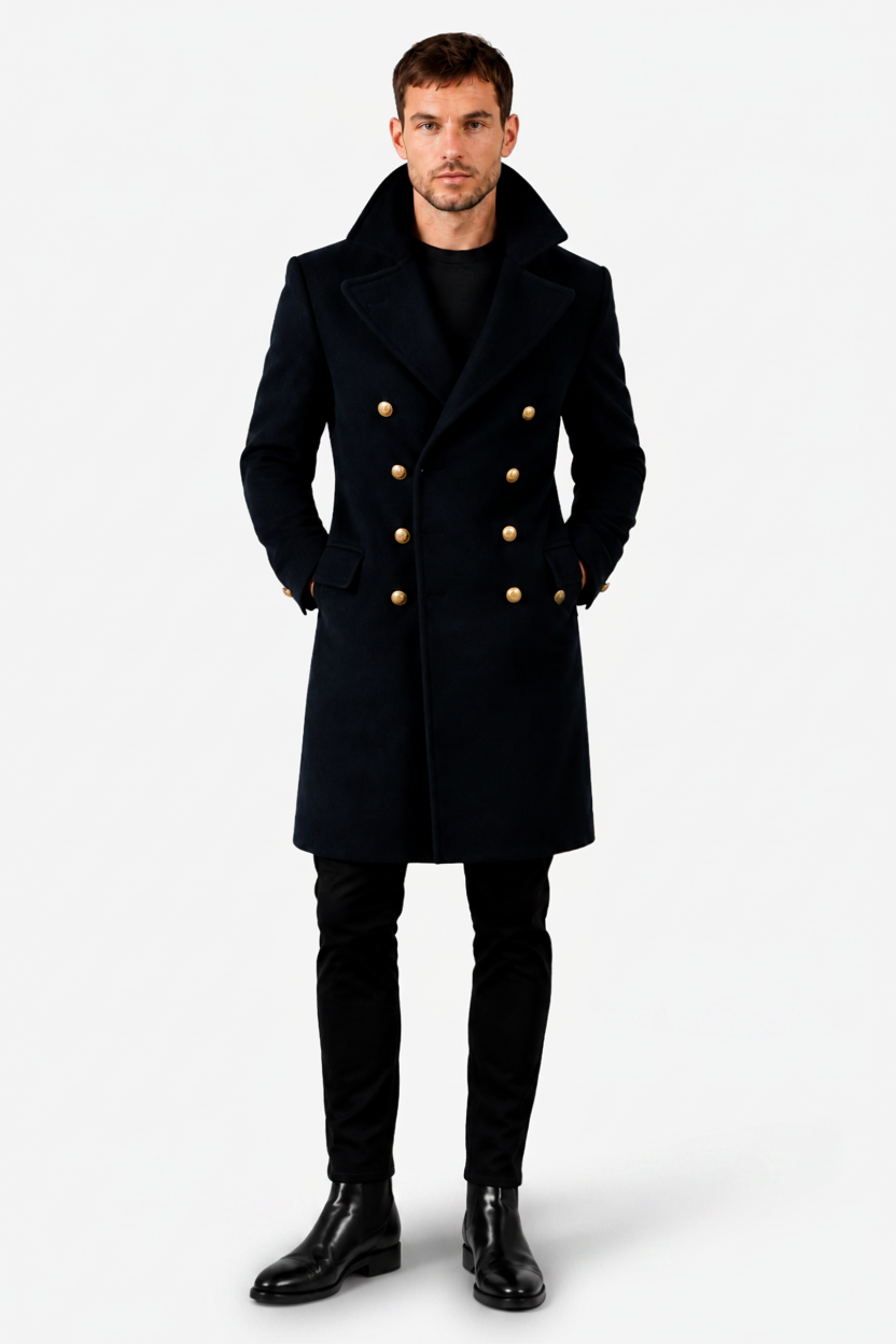 VALERIQUE | Manteau Long Croisé pour Homme – Col à Revers et Fermeture Boutonnée