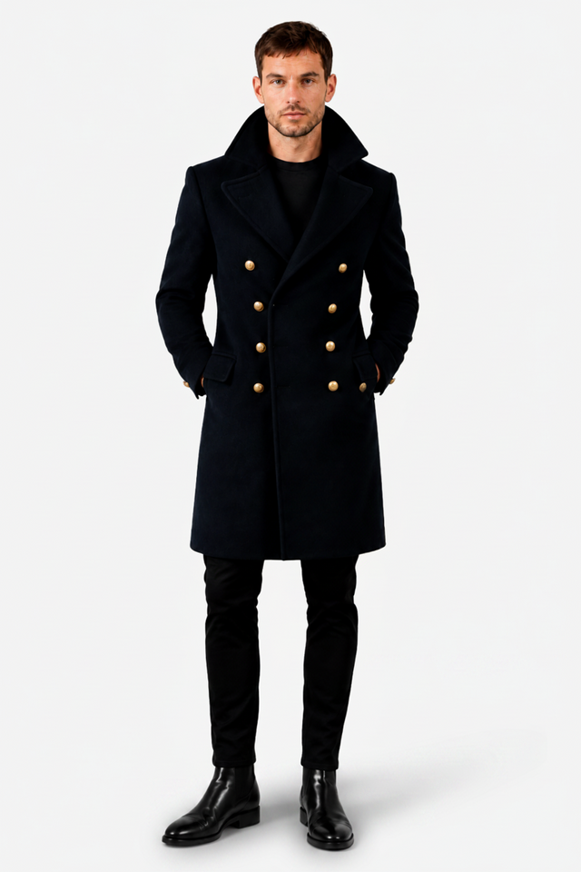 VALERIQUE | Manteau Long Croisé pour Homme – Col à Revers et Fermeture Boutonnée