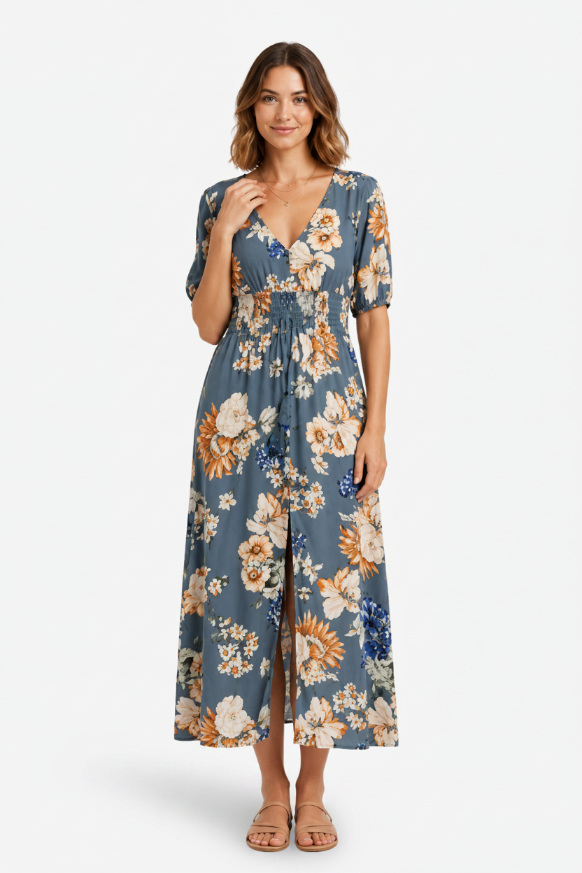 VALERIQUE | Robe Maxi Fleurie pour Femme – Col V
