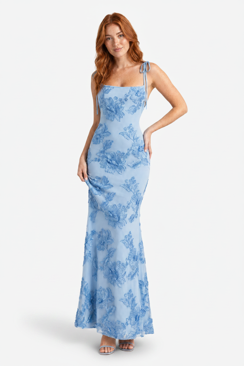 VALERIQUE | Robe Longue Ajustée à Fleurs en Coton Léger pour Femme – Bretelles à Nouer